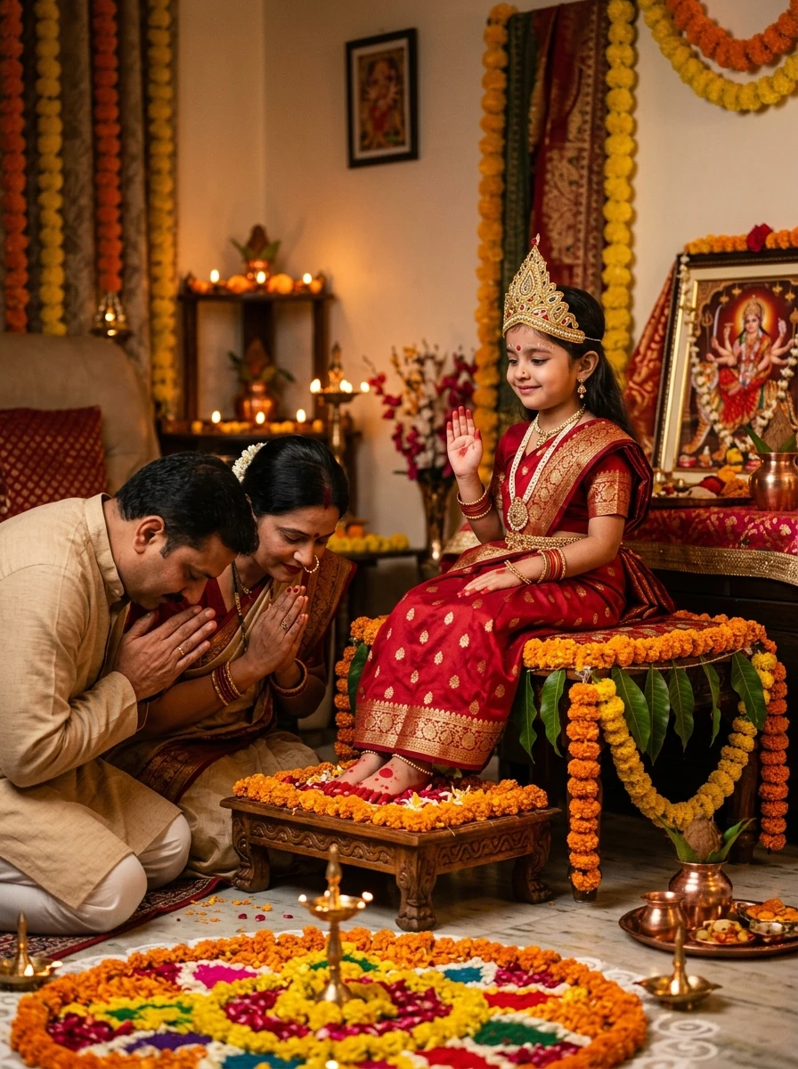 Navratri kanya pujan photoshoot prompt: Devotees touching feet of little girl on wooden chowki