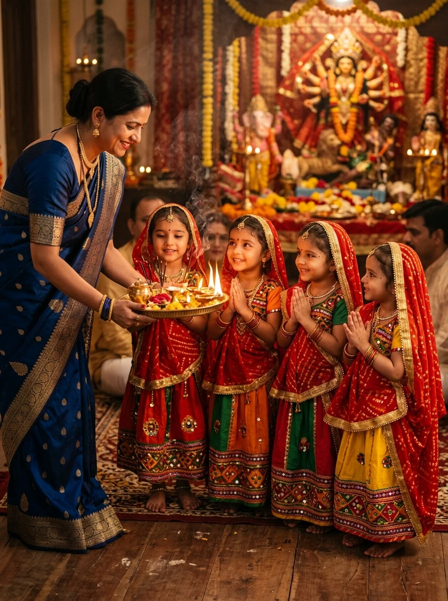 Kanya pujan prompt copy paste instagram: Mother performing aarti with brass thali and camphor flame