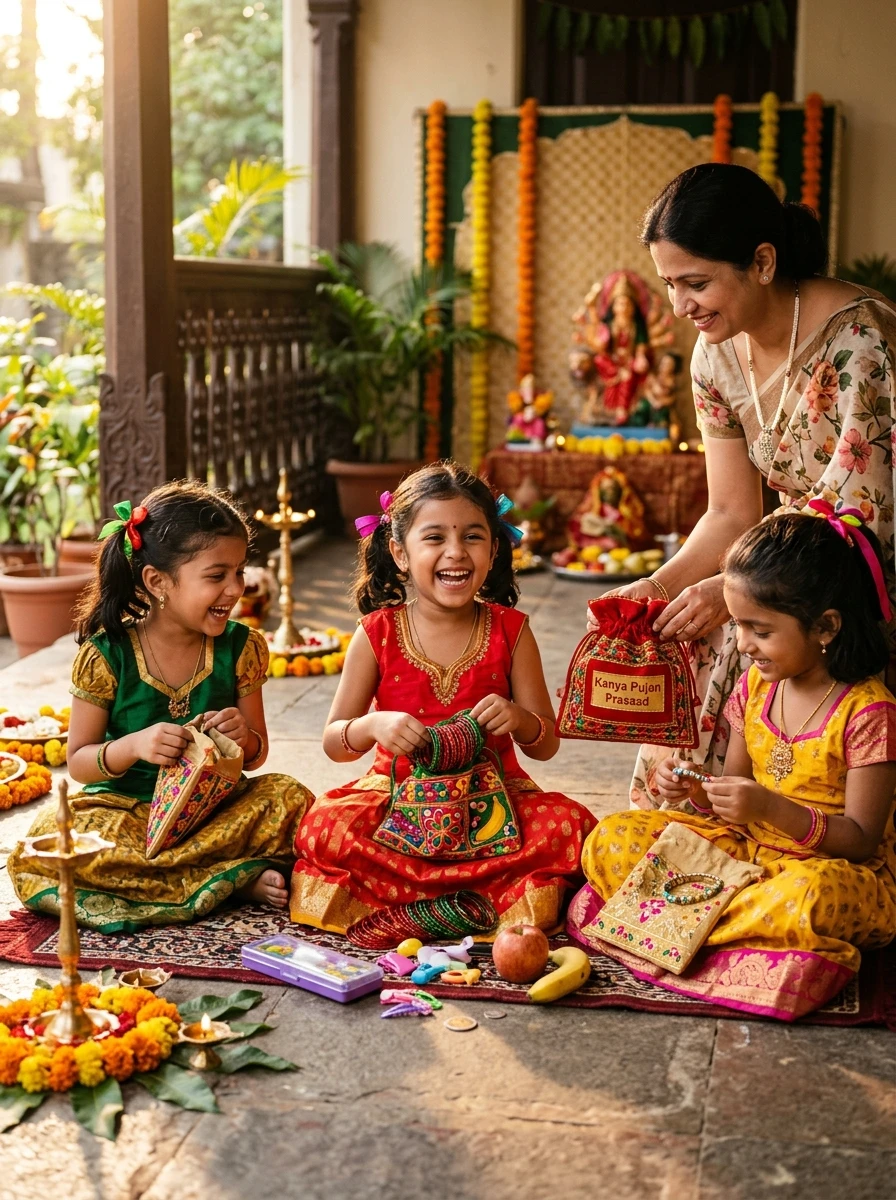 Kanya pujan ai photo generator: Smiling little girls opening festive gift pouches with glass bangles