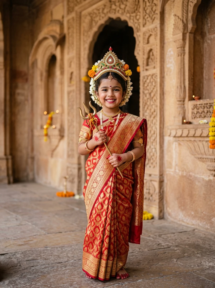 Ashtami kanya pujan photo editing prompt: 5-year-old girl styled as Bal Durga with gold trishul and crown