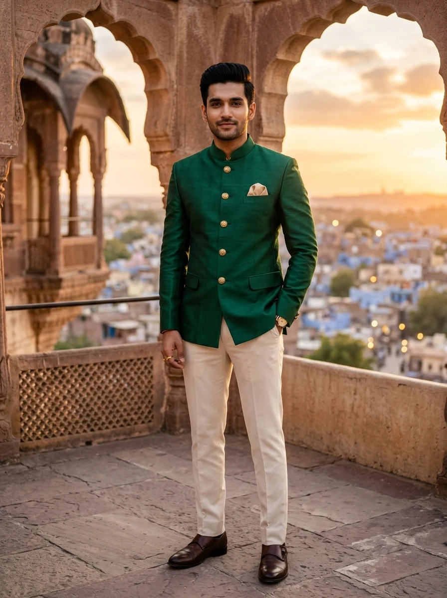 Emerald Green Jodhpuri Bandhgala Prompt For Gemini AI Boy Traditional Dress
