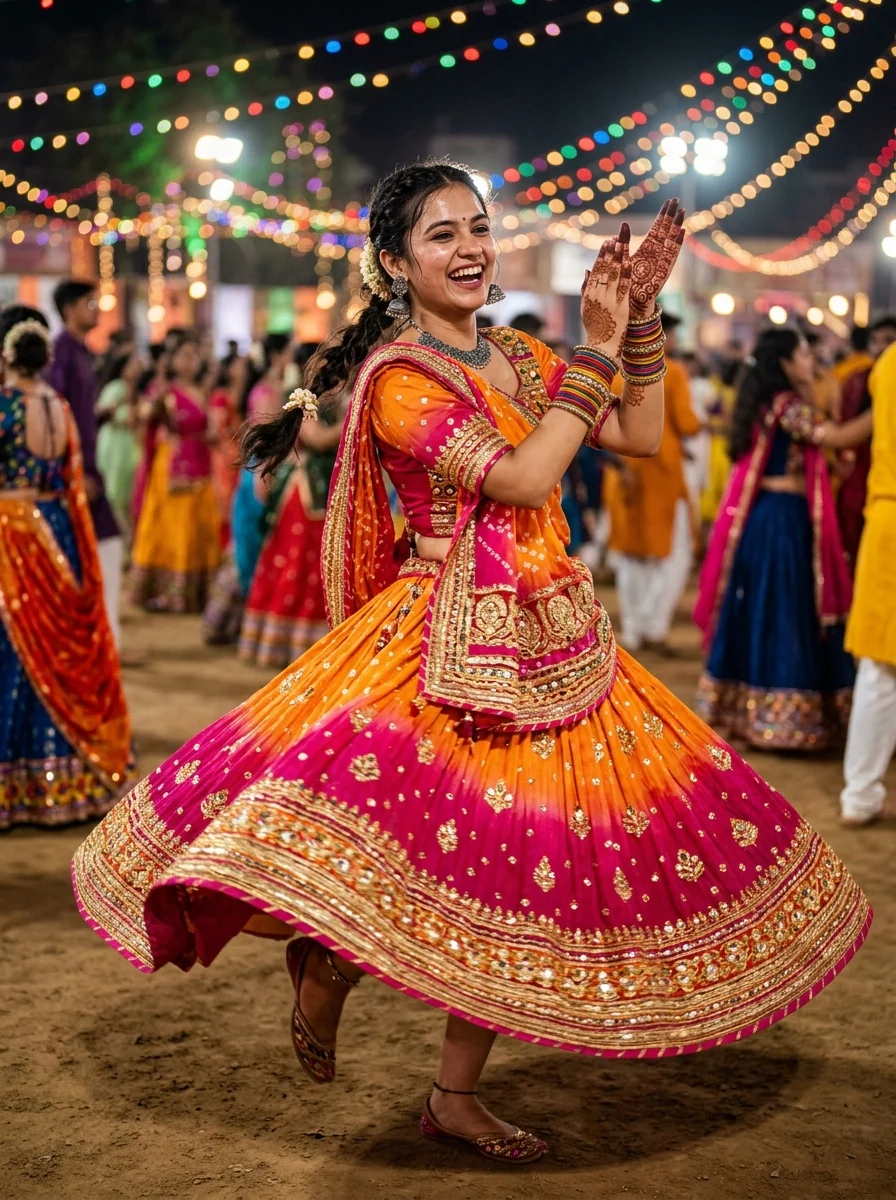 Garba prompt for Gemini girl sunset orange rani pink Bandhani tie dye lehenga dance twirl