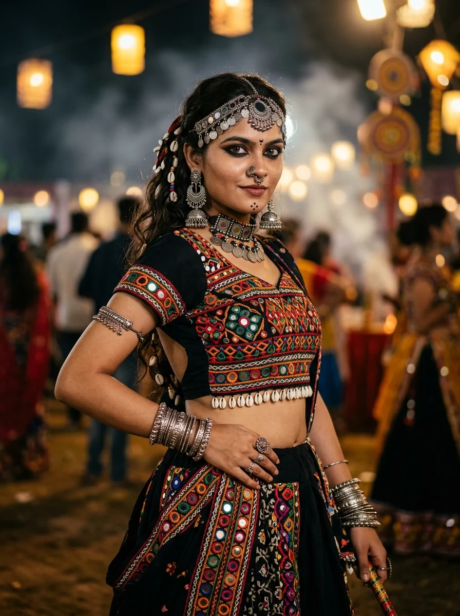Garba prompt for Gemini girl boho Rabari black choli cowrie shell mathapatti tribal jewelry