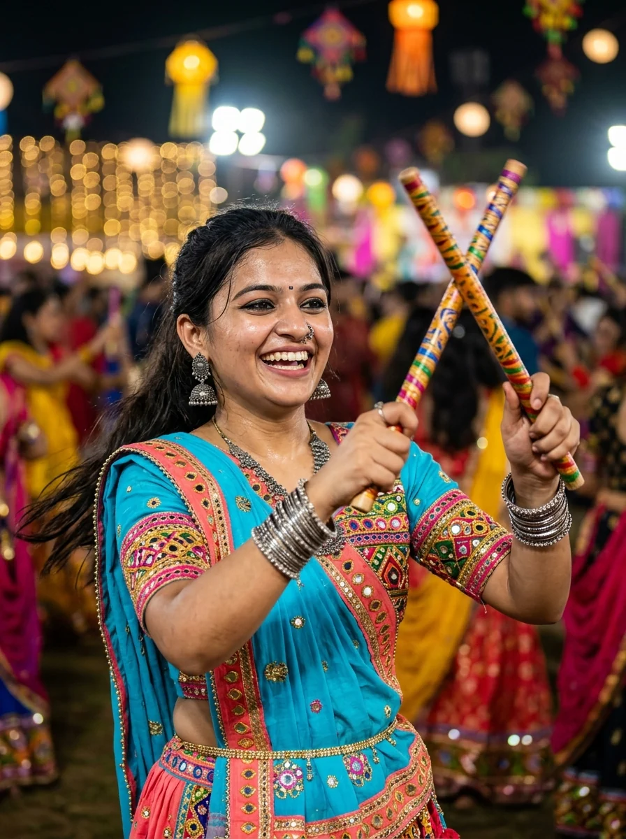 Garba prompt for Gemini girl Dandiya strike action raas fast shutter freeze turquoise chaniya choli