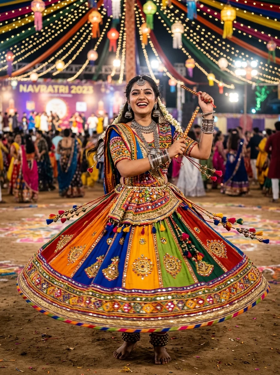 Garba prompt for Gemini girl 360-degree degree spin flared 32 kali ghagra Vadodara United Way style