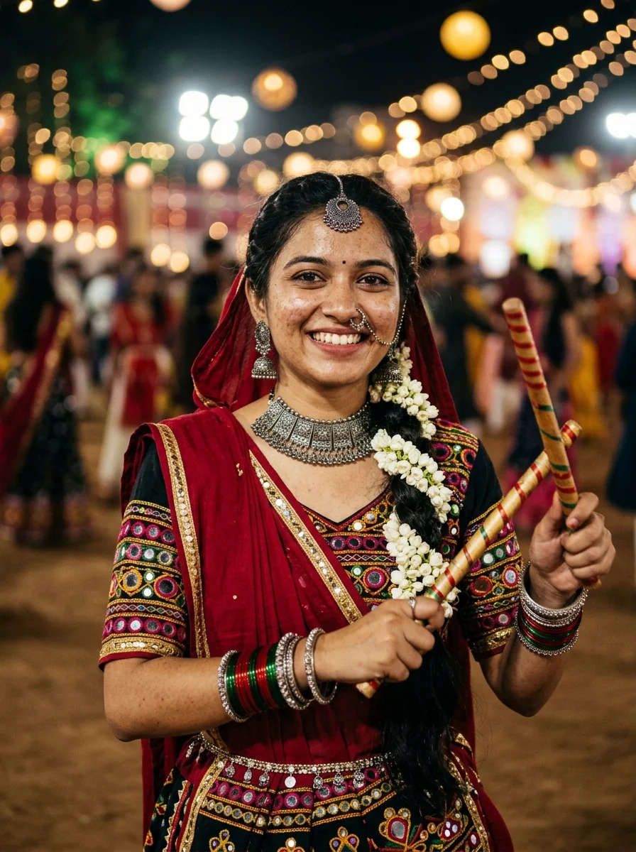 Garba prompt for Gemini girl traditional Kutchi mirror work crimson red chaniya choli dandiya sticks