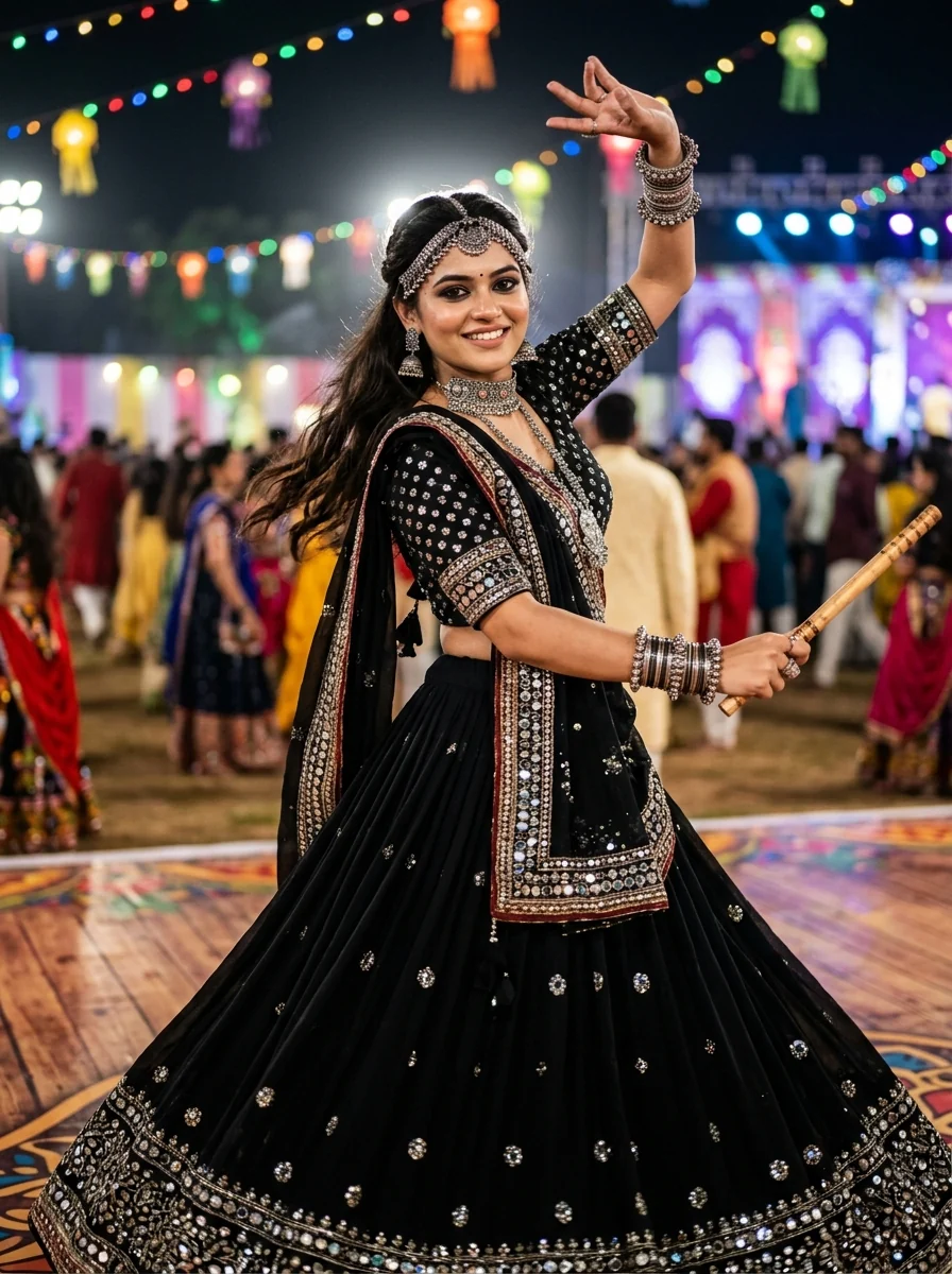 Garba prompt for Gemini girl luxury black mirror chaniya choli stage flares concert night
