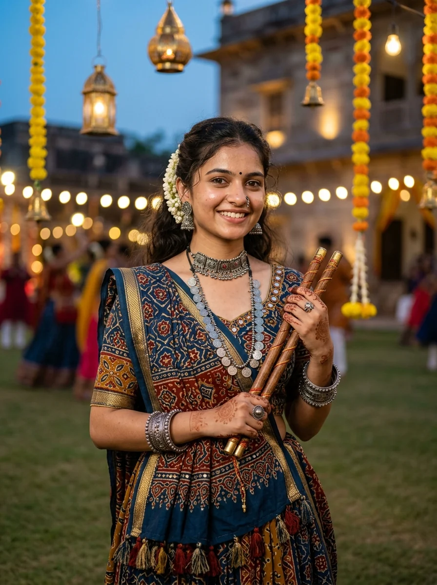 Garba prompt for Gemini girl mustard yellow indigo blue Ajrakh block print chaniya choli dandiya