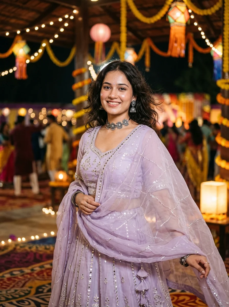 Garba prompt for Gemini girl modern pastel lavender organza chaniya choli silver floral jewelry