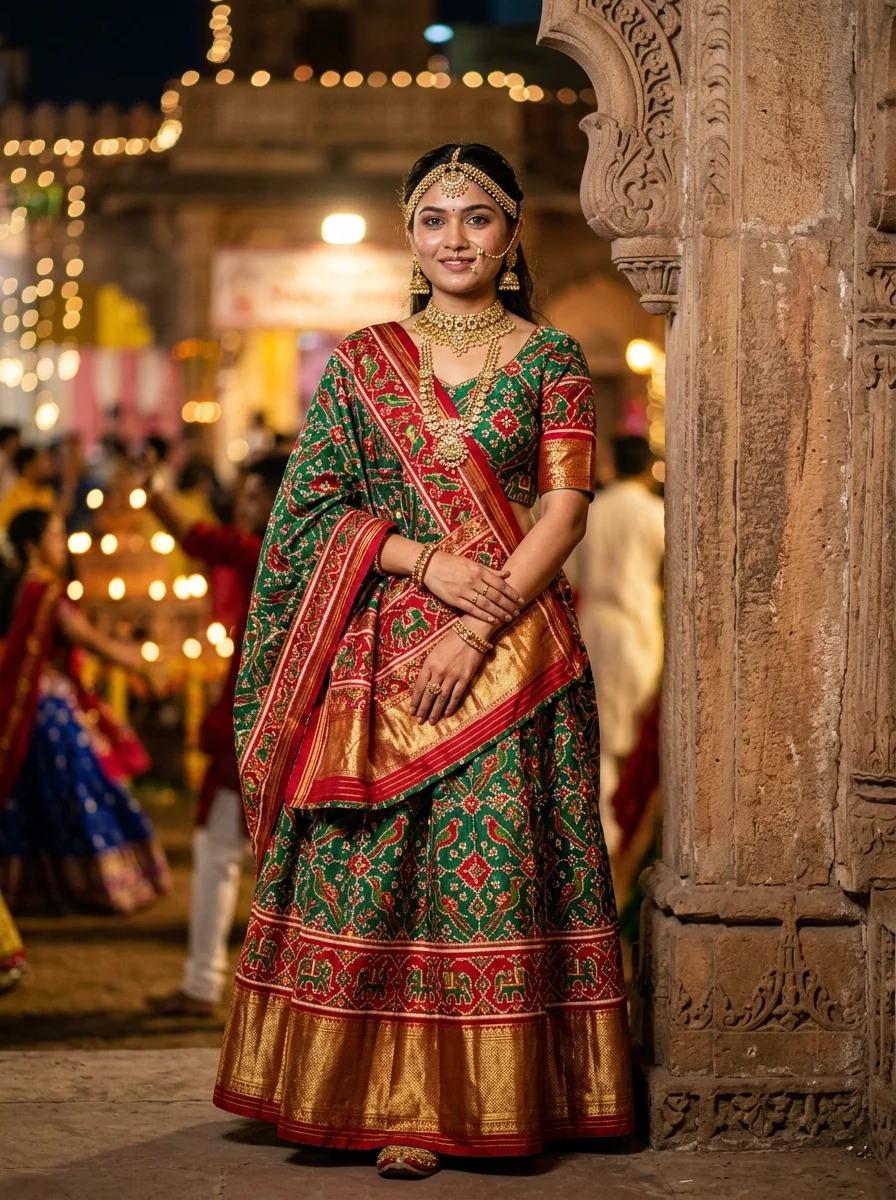Garba prompt for Gemini girl royal Patan Patola silk emerald green chaniya choli kundan jewelry