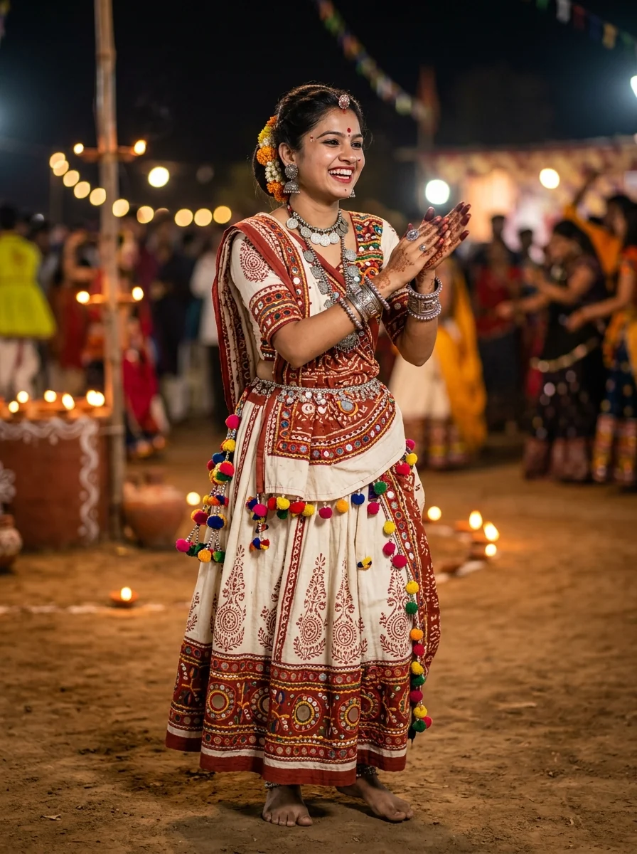 Garba prompt for Gemini girl traditional white crimson Gamthi cotton folk chaniya choli pom pom
