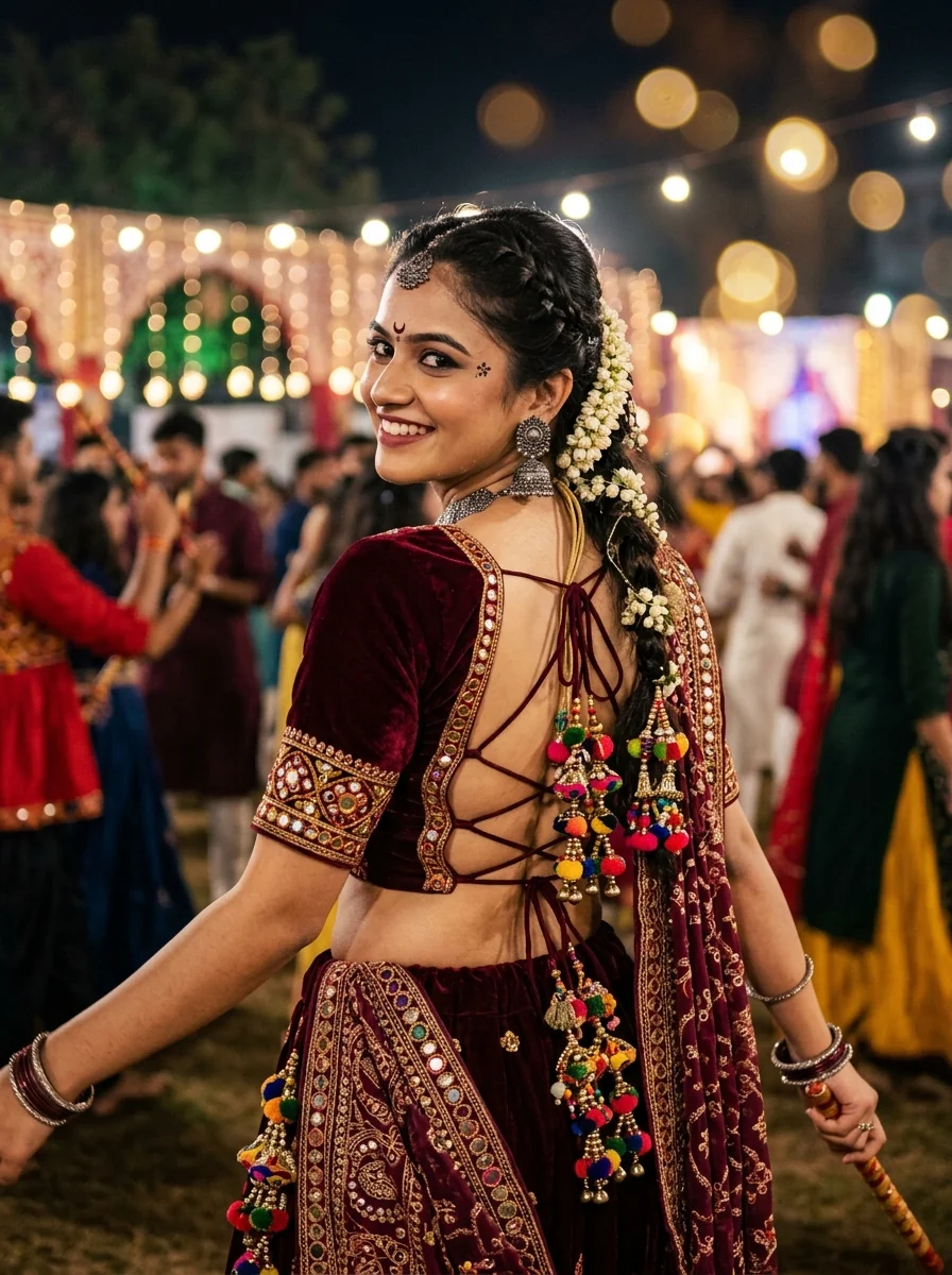 Garba prompt for Gemini girl back profile wine velvet backless choli oversized mirror latkans