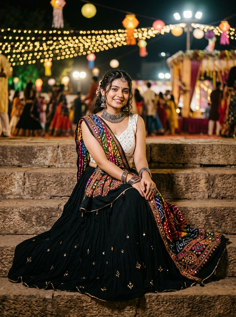Garba prompt for girl sitting on steps at Garba night venue in black skirt white top and multicolored dupatta