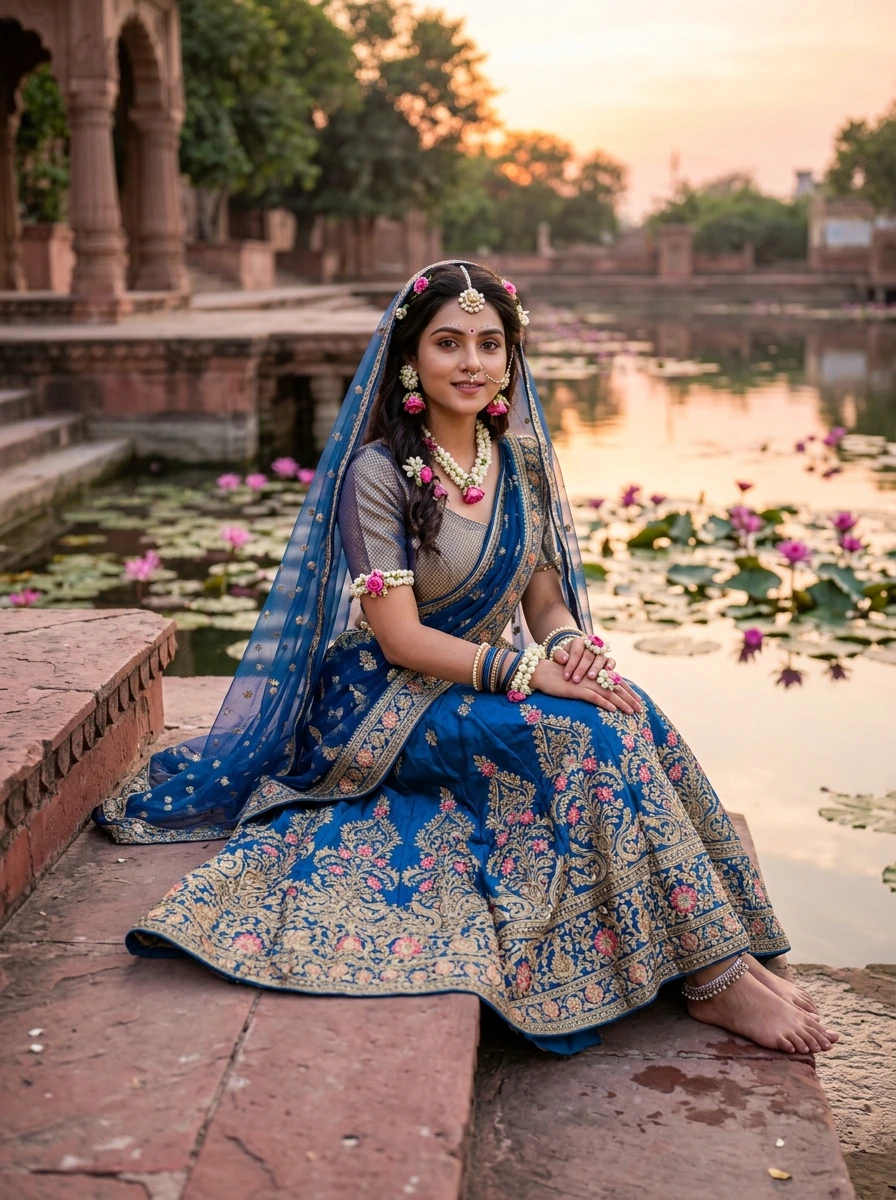Gemini radha rani prompt: Beautiful Indian girl styled as Radha Rani sitting on lotus pond stone steps