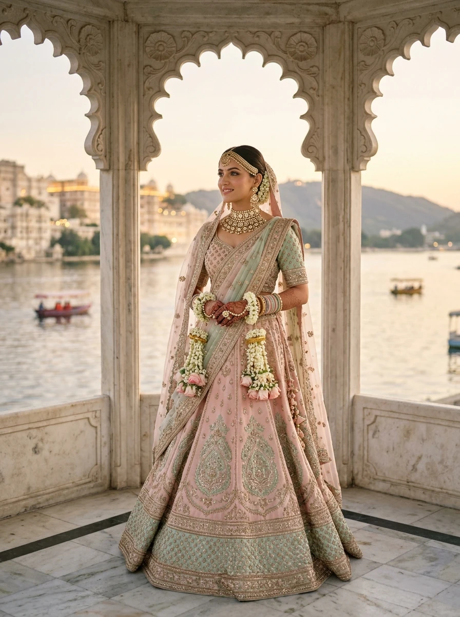 Gemini radha rani prompt: Bridal Radha Rani look in pastel pink and mint green silk lehenga