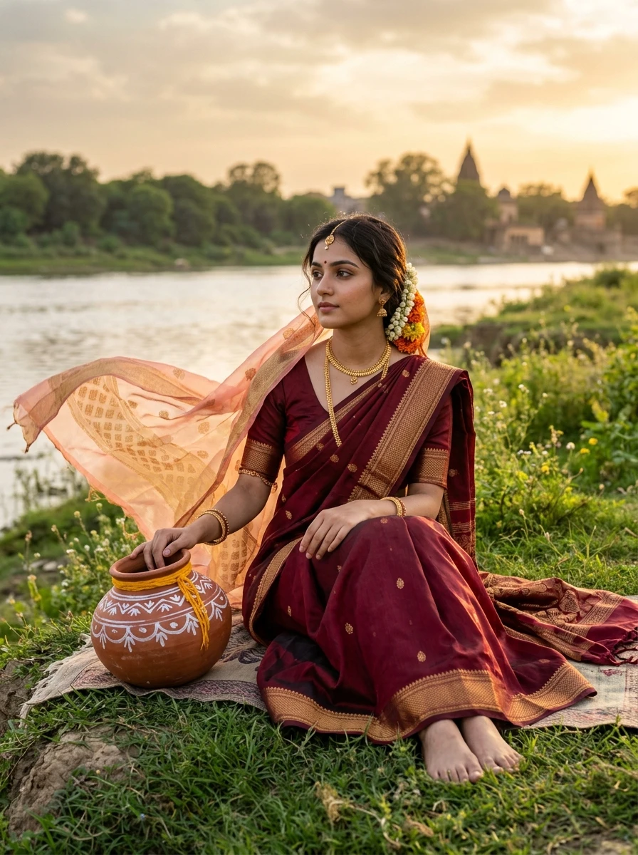 Gemini radha rani prompt copy paste: Radha sitting on Yamuna riverbank with traditional clay pot