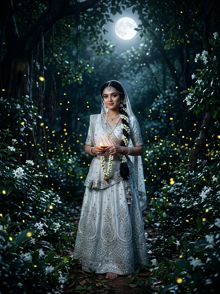 Gemini radha rani prompt: Radha in white silk lehenga under Sharad Purnima moonlight in Seva Kunj