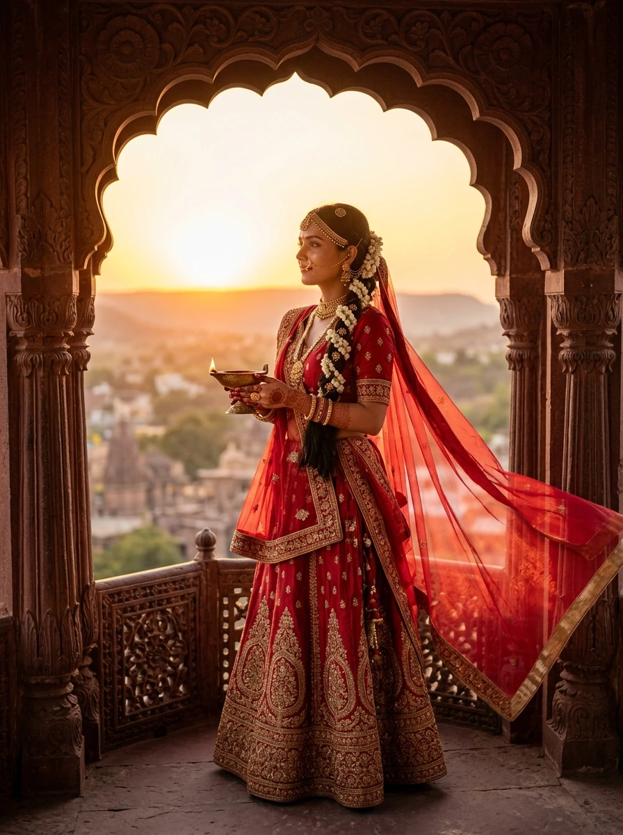 Gemini radha rani prompt copy paste: Indian woman in red silk lehenga holding brass diya at Barsana balcony