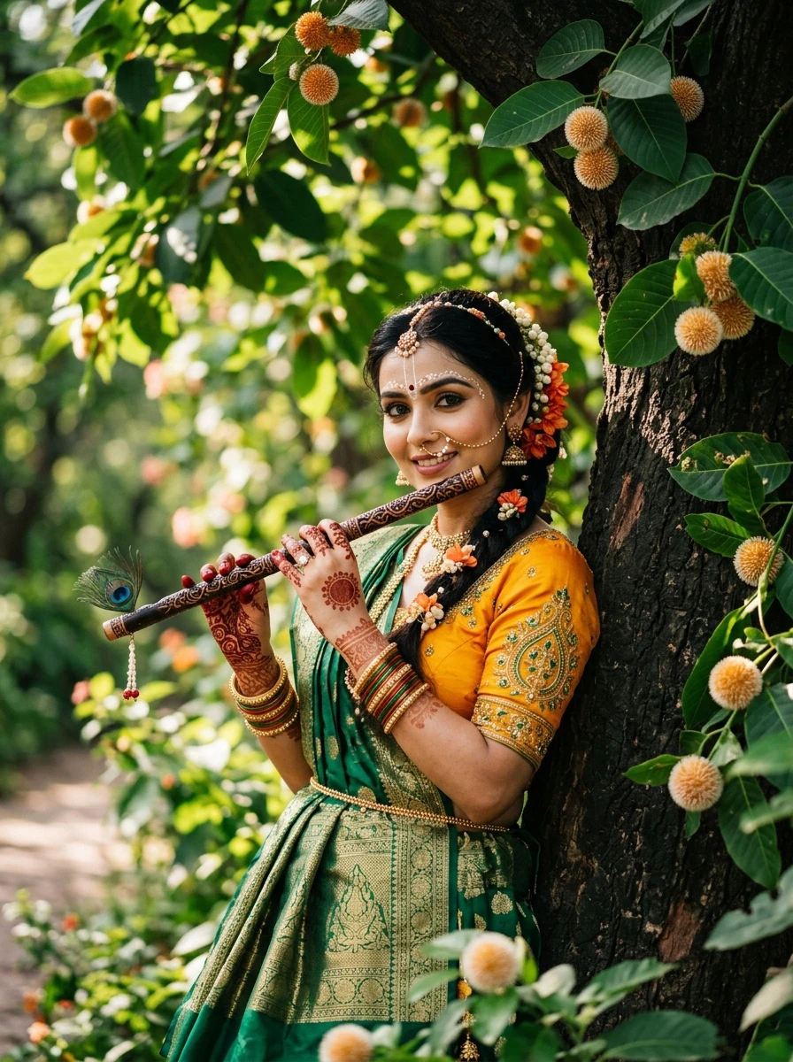 Gemini radha rani prompt copy paste instagram: Radha holding Krishna's flute leaning on Kadamba tree