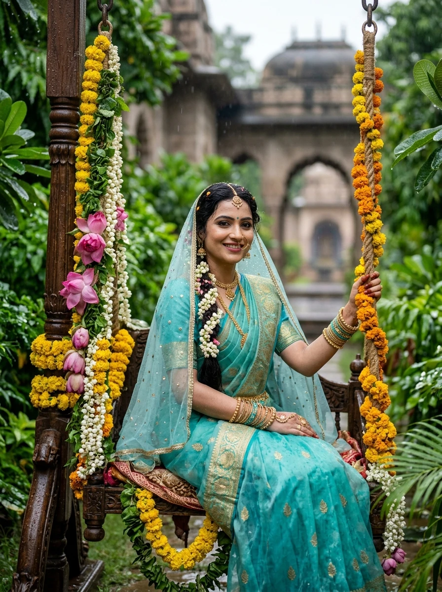 Gemini radha rani prompt for image generation: Radha on flower swing during monsoon drizzle in Vrindavan