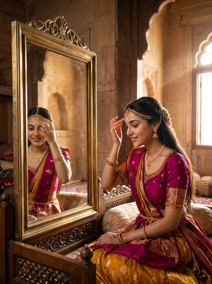 Gemini radha rani prompt generator: Radha applying gopi chandan tilak in brass mirror
