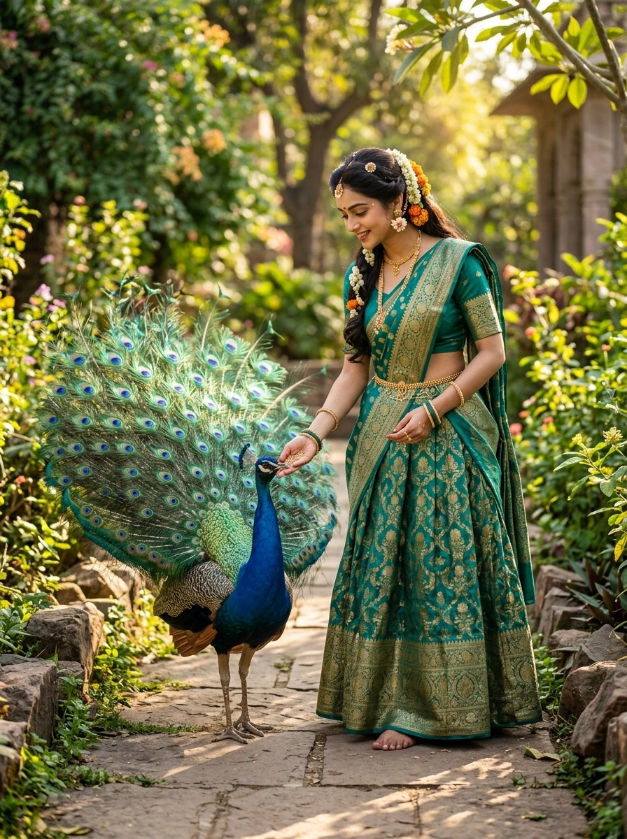 Gemini radha rani prompt ai photo: Radha feeding grains to peacock with open plumage in garden