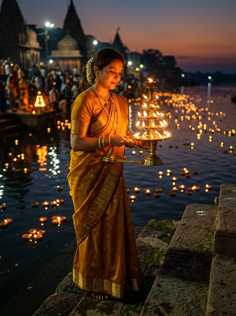 Gemini radha rani prompt ai photo editing: Radha holding multi-tiered brass aarti lamp by Yamuna ghat