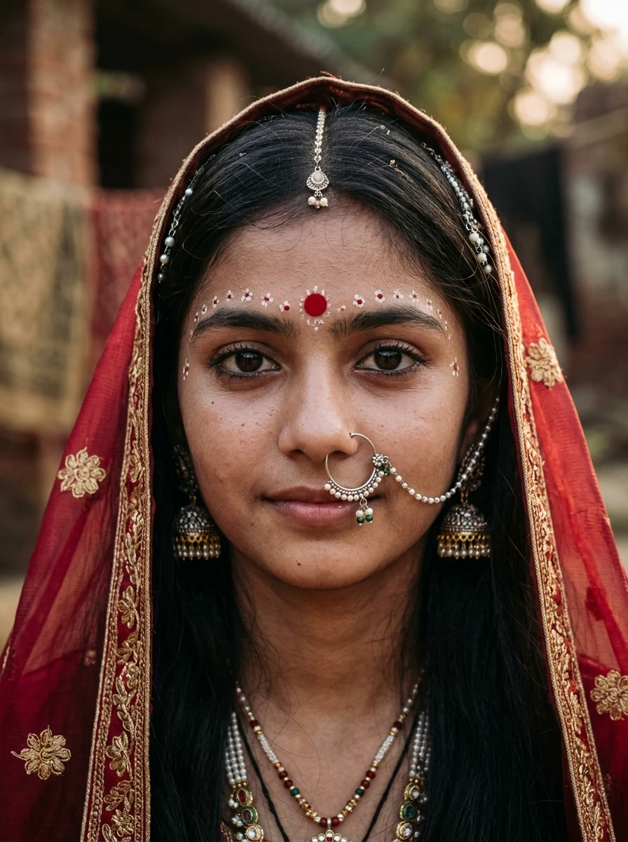 Radha rani photoshoot prompt for girl: Close-up portrait under sheer crimson silk veil with pearl nath
