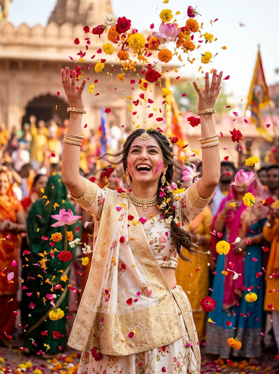 Gemini radha rani prompt copy paste instagram in hindi: Radha celebrating phoolon ki holi in Barsana