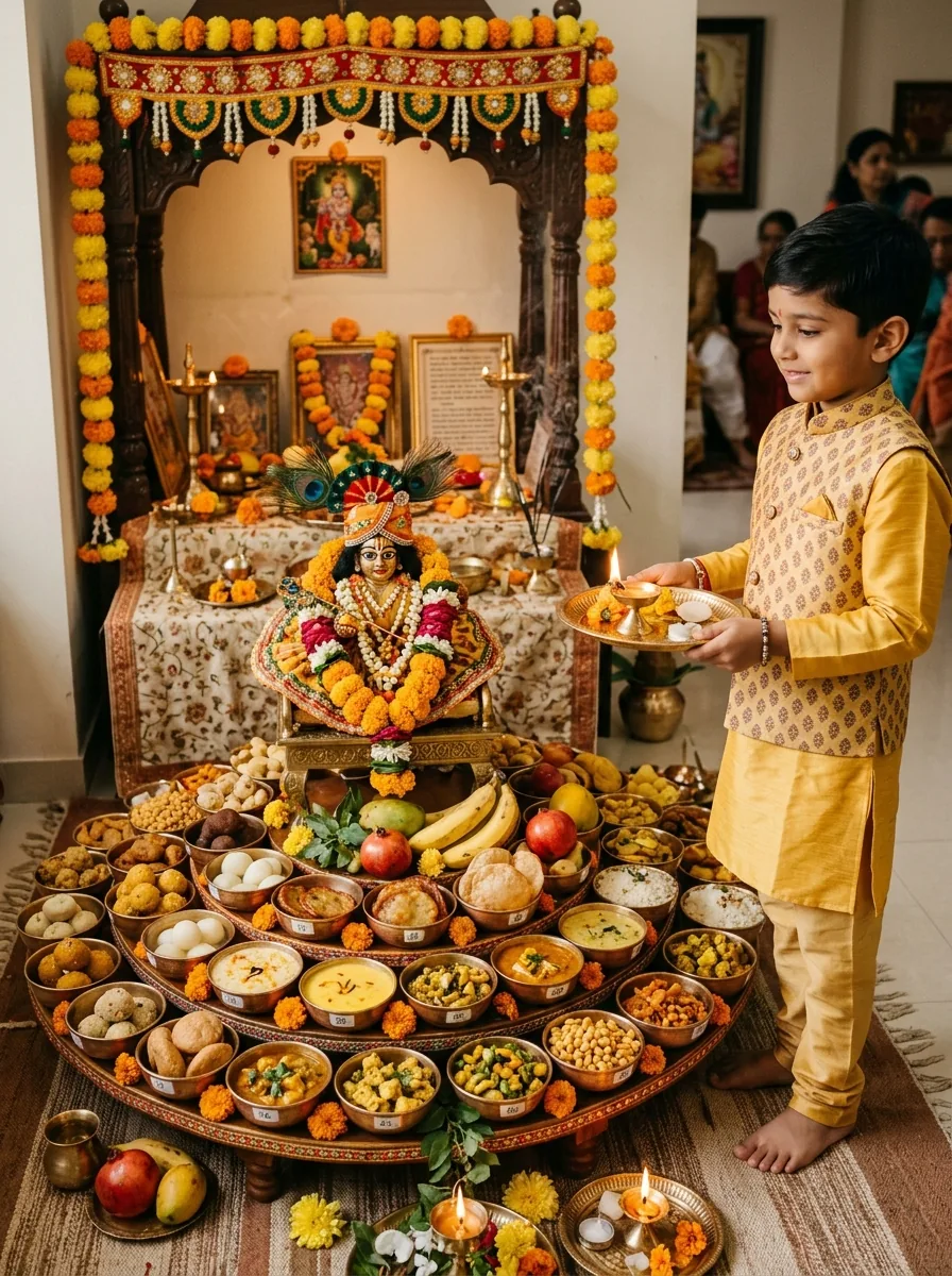 Govardhan Puja Annakut 56 bhog food mountain prompt for Google Gemini AI photo
