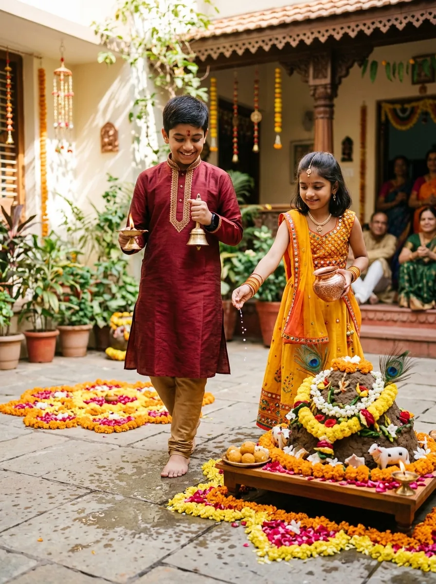 Indian brother and sister performing parikrama ritual on Govardhan Puja prompt