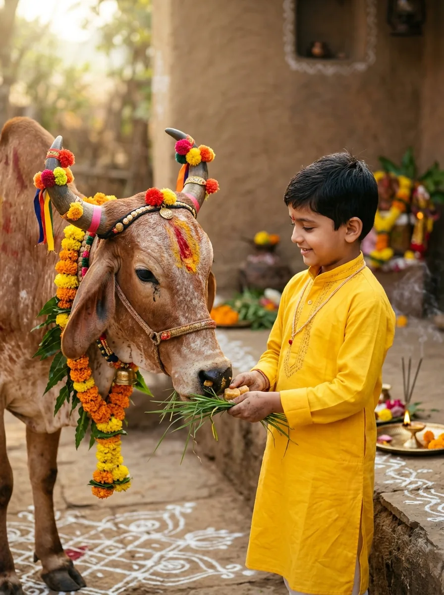 Sacred gaumata cow and calf worship on Govardhan Puja prompt for AI photo