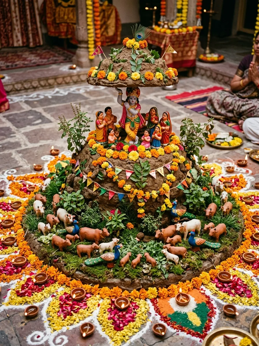 Floral rangoli of Lord Krishna lifting Govardhan mountain AI photo prompt