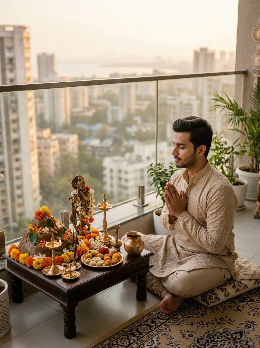 Modern apartment balcony Govardhan puja prompt for urban Indian couple