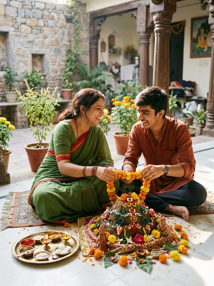 Mother and son decorating homemade Govardhan puja deity prompt for ChatGPT