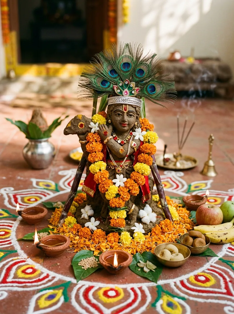 Govardhan Puja images at home cow dung deity decorated with peacock feather and marigold flowers