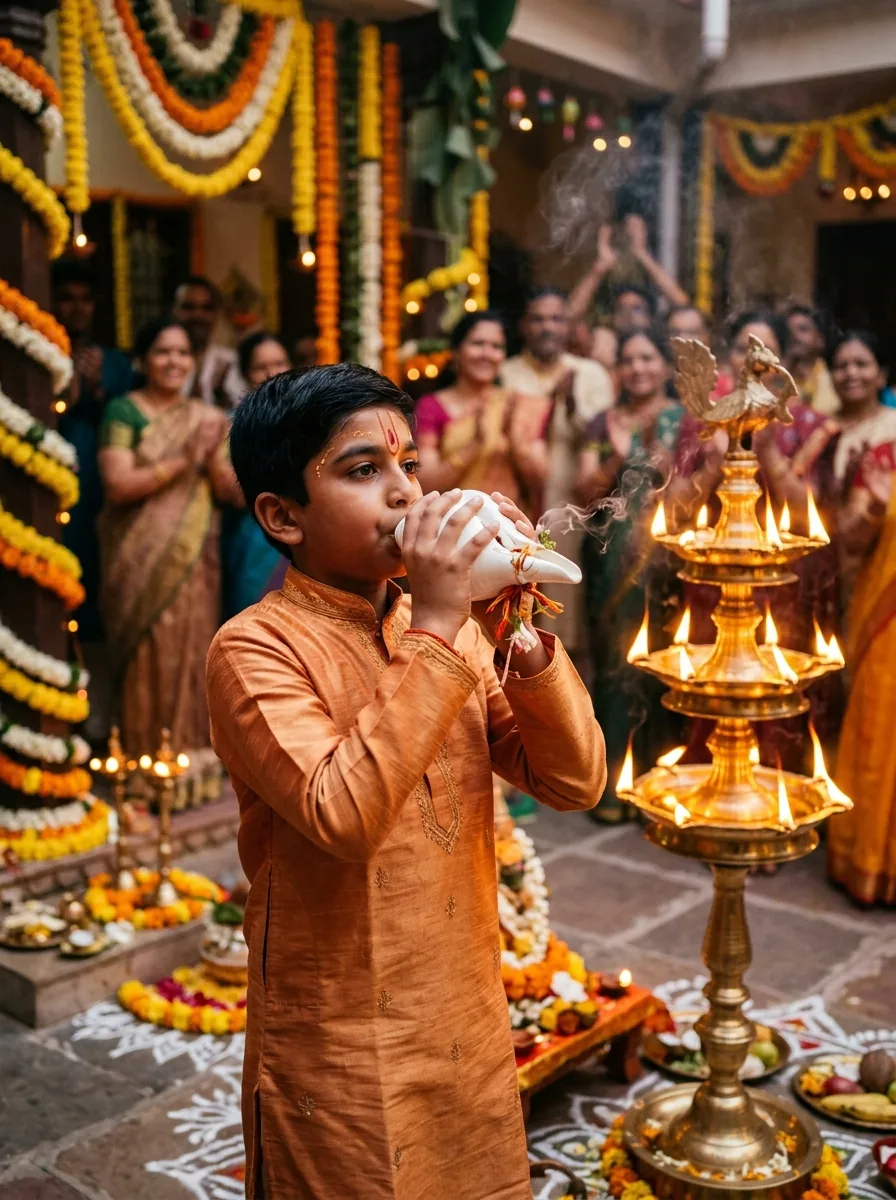 Sacred shankh and burning camphor aarti during Govardhan Puja home mandir