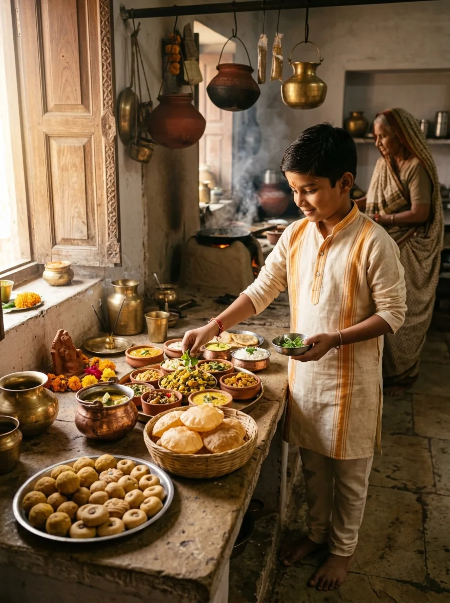 Indian grandmother preparing Annakut prasad in traditional home kitchen prompt