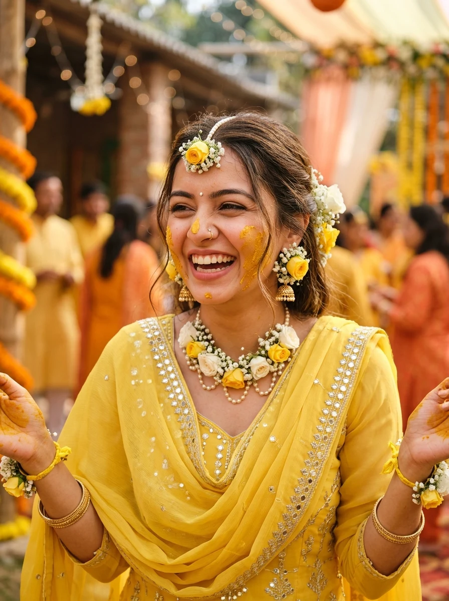 Candid Haldi paste on smiling Indian bride cheeks AI photo prompt for Gemini