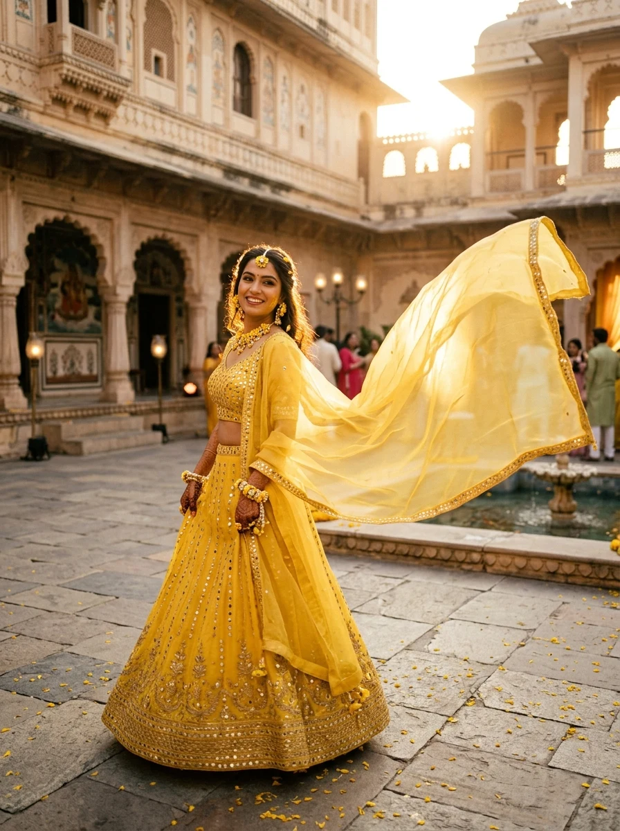 Cinematic flying yellow dupatta Indian bride Haldi ceremony prompt
