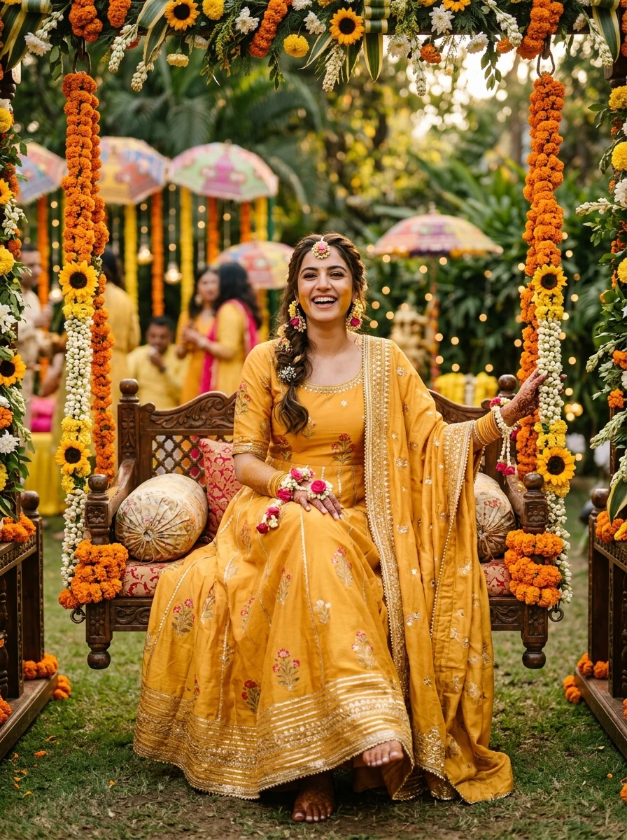 Indian bride on floral swing during Haldi ceremony AI photo prompt