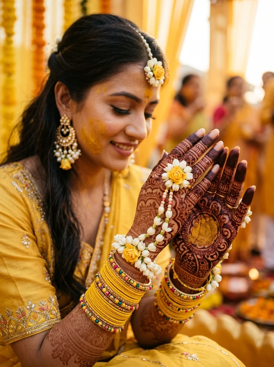 Bridal henna hands with Haldi paste and floral hathphool jewelry prompt