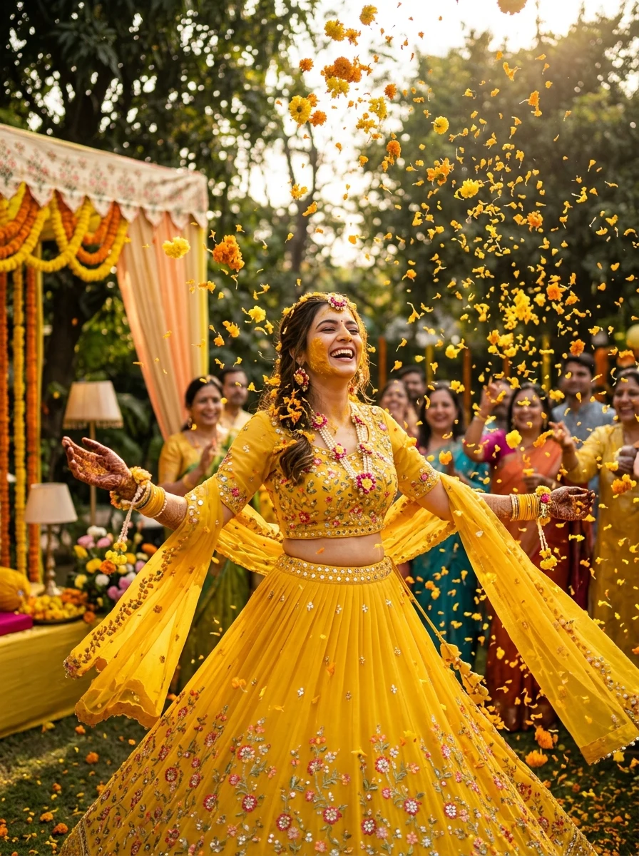 Indian bride with marigold petals shower during Haldi ceremony AI prompt