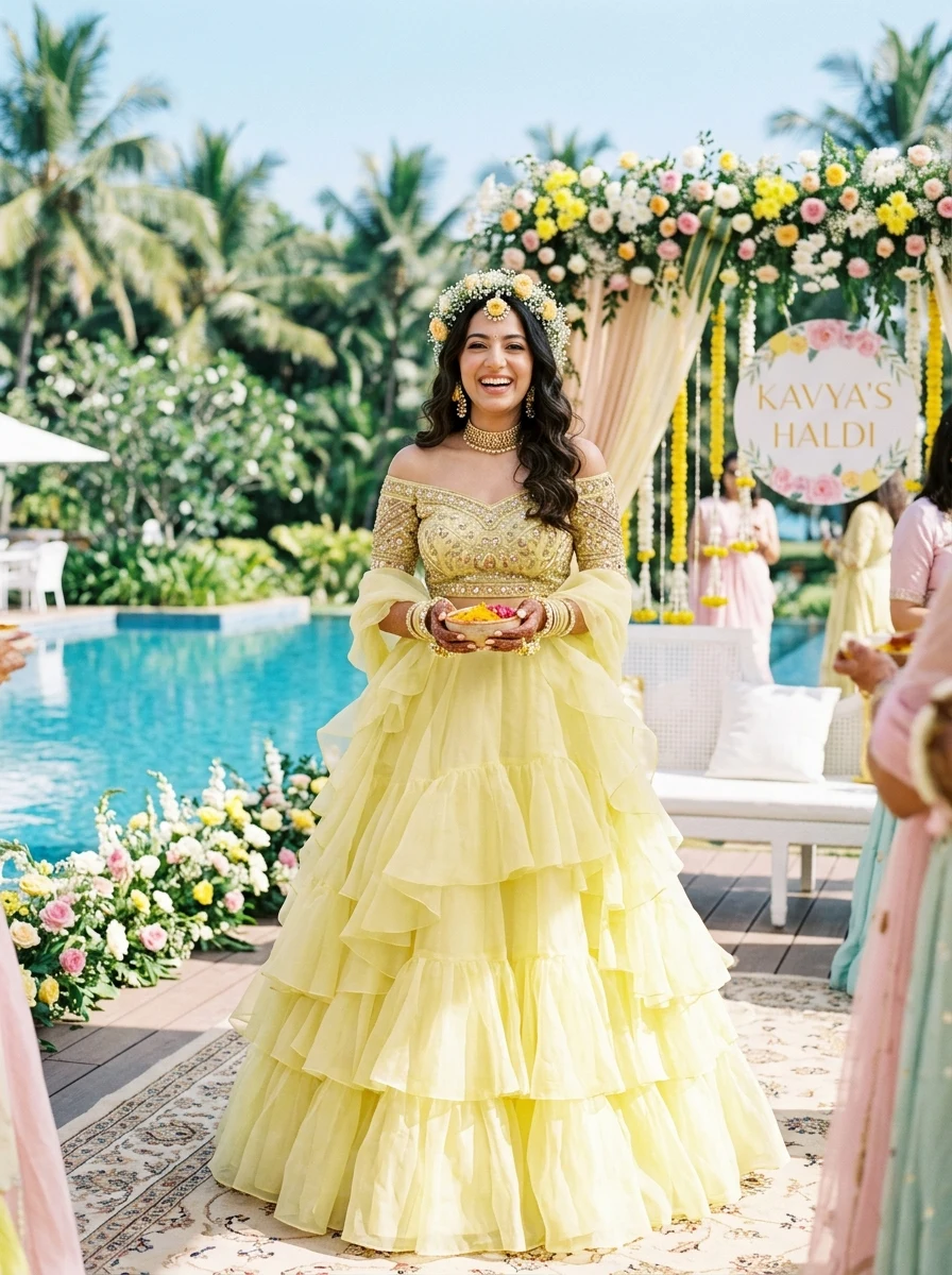 Modern pastel lemon yellow ruffle organza lehenga Haldi bride prompt