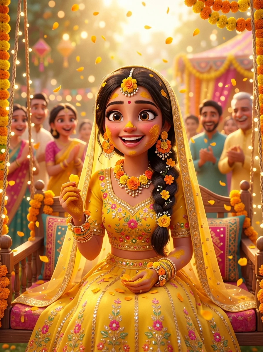 3D Pixar cute Indian bride Haldi ceremony animation prompt