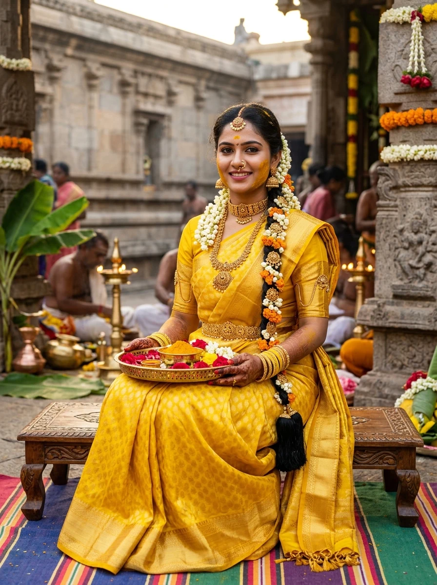 South Indian bride Mangala Snanam Haldi ceremony yellow silk saree prompt