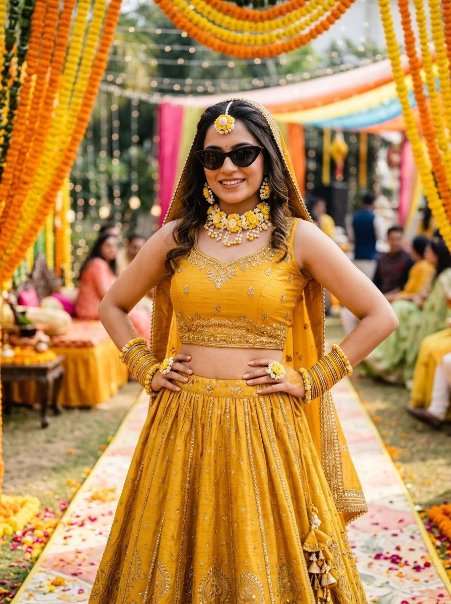 Modern Indian bride with sunglasses in yellow lehenga during Haldi ceremony prompt