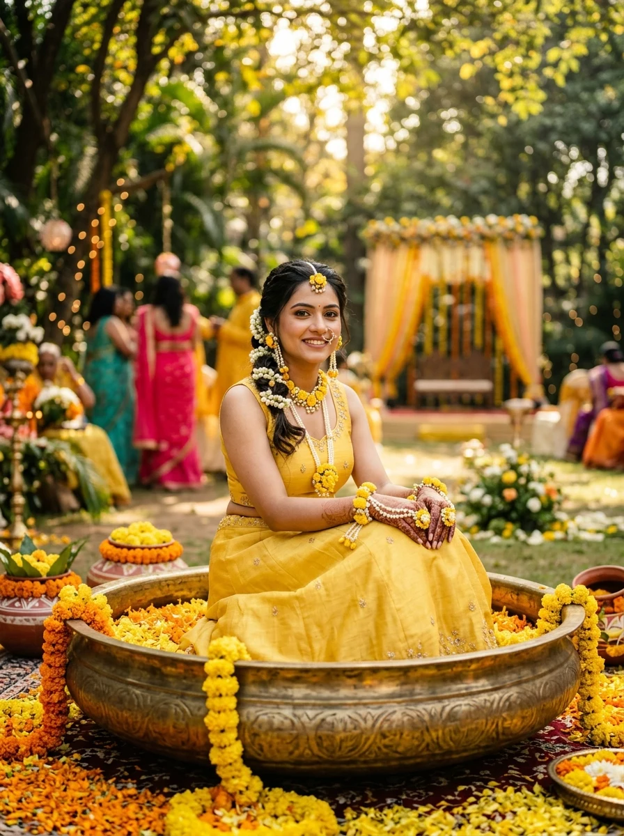 Indian bride in brass urli tub with marigold flowers during Haldi ceremony AI photo prompt