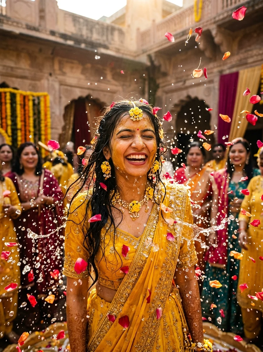 Dynamic water splash Haldi ceremony bride candid AI photo prompt