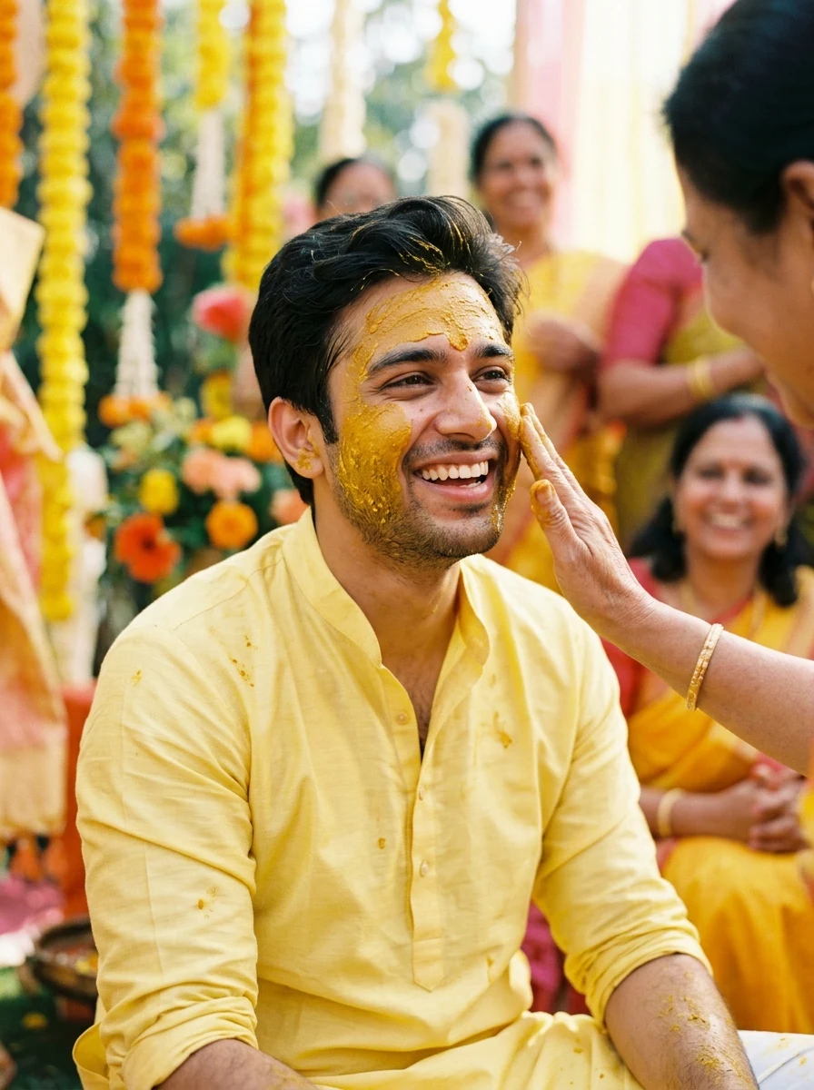 Candid Haldi paste on smiling Indian groom cheeks AI photo prompt for Gemini